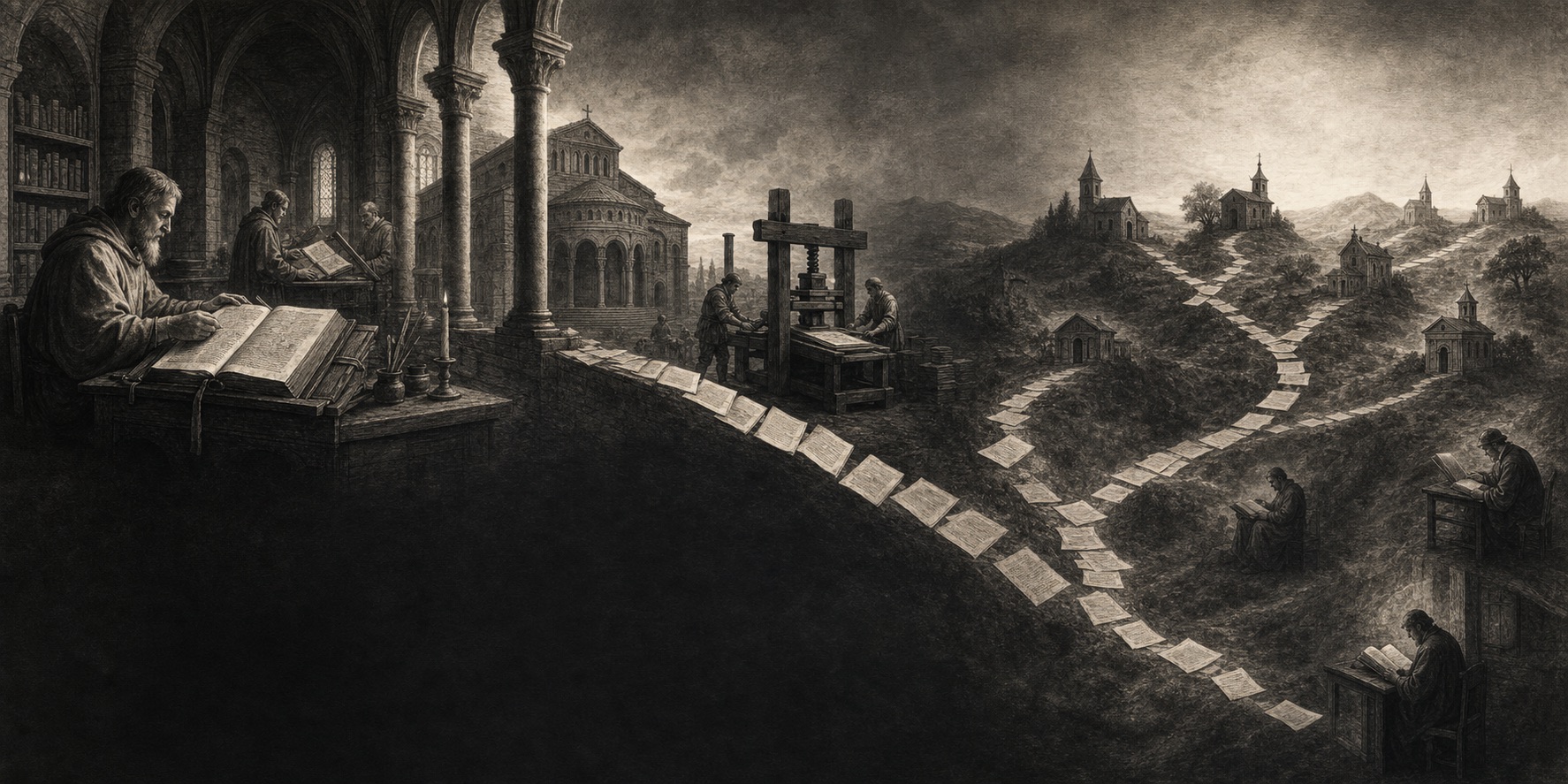 Un grabado monocromo original de un scriptorium, una imprenta y caminos de manuscritos que divergen hacia iglesias lejanas.