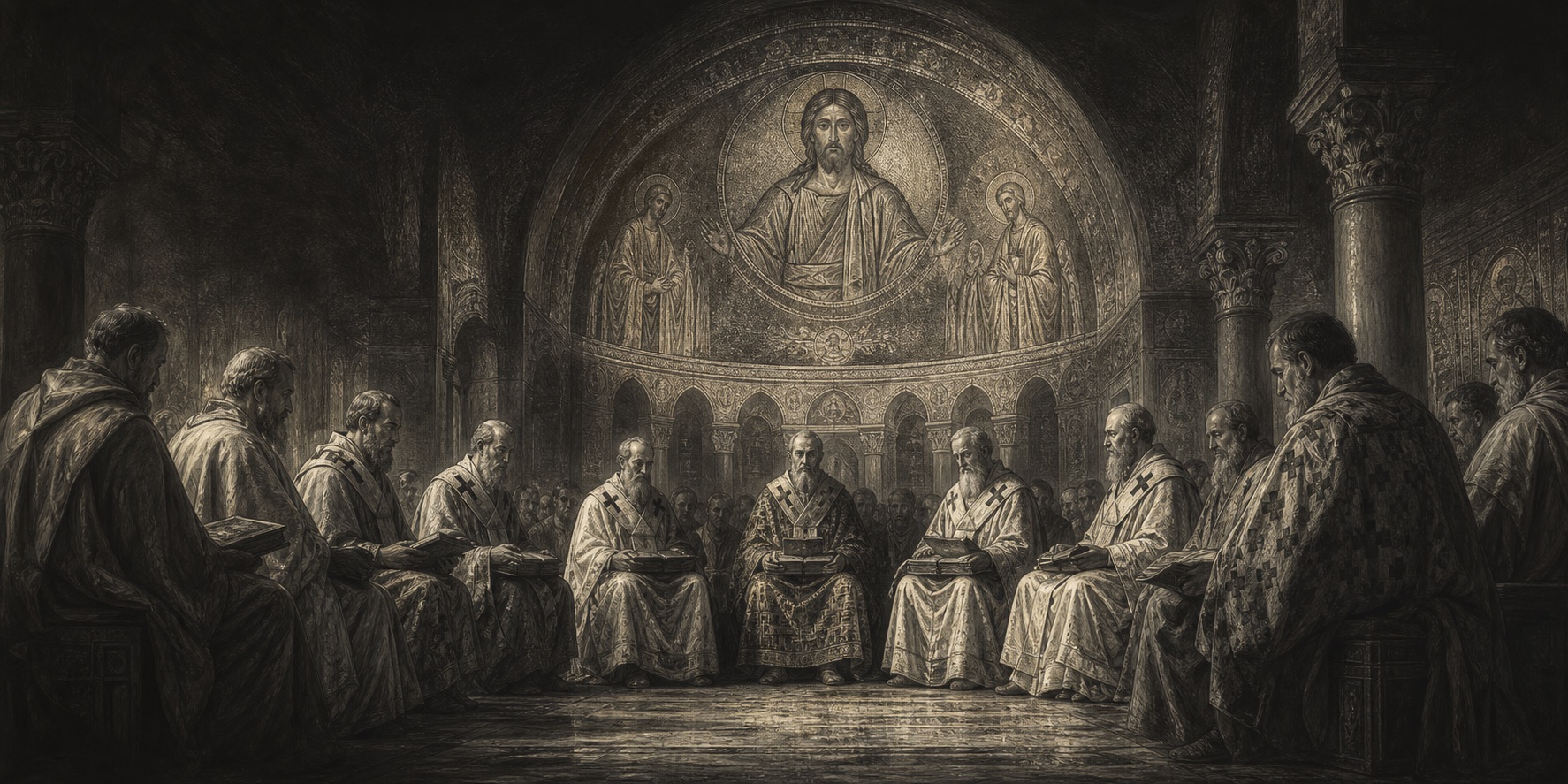 Un grabado monocromo original de un concilio cristiano antiguo reunido bajo un mosaico absidal bizantino.