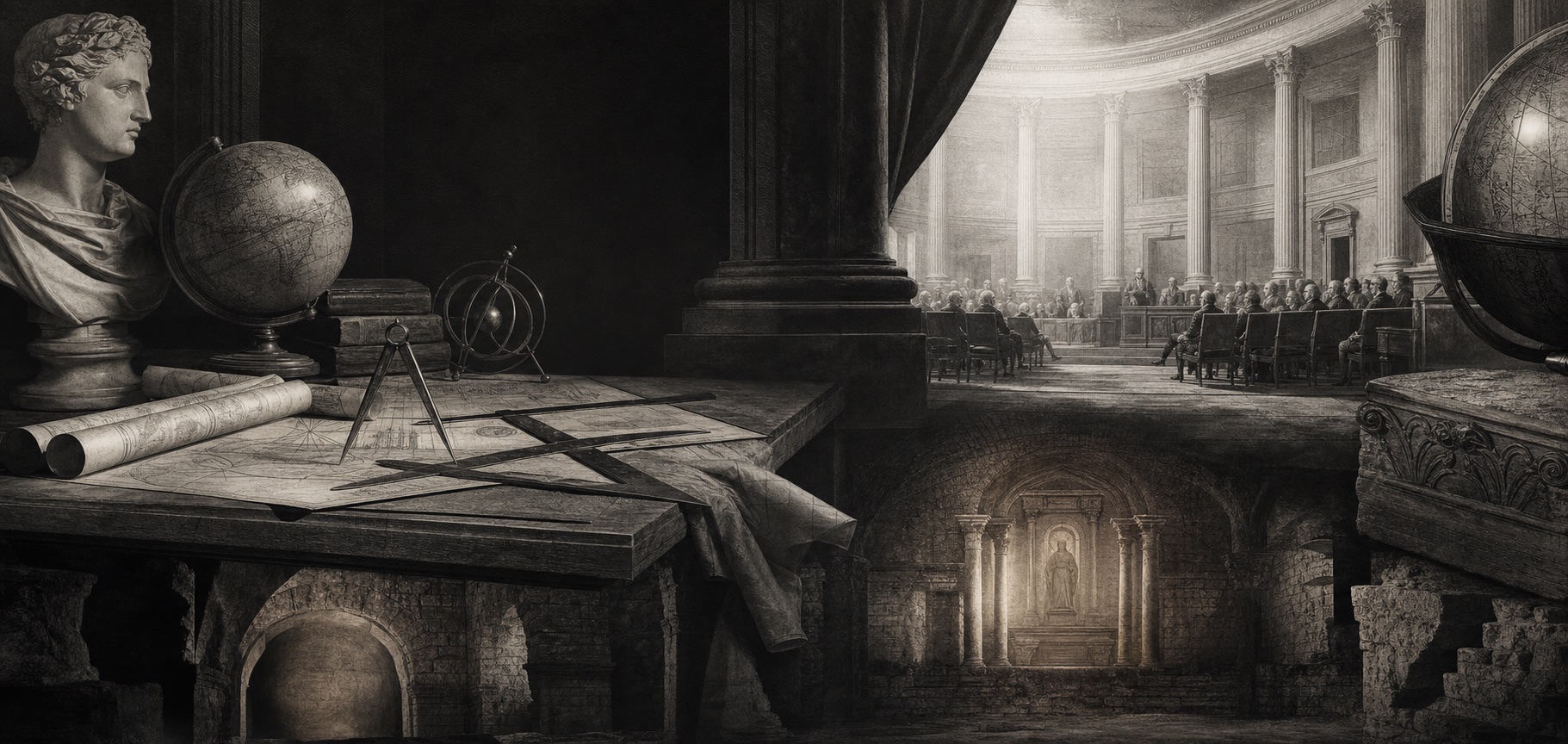 Un estudio ilustrado monocromo original cuya cámara cívica descansa sobre antiguos cimientos sagrados.