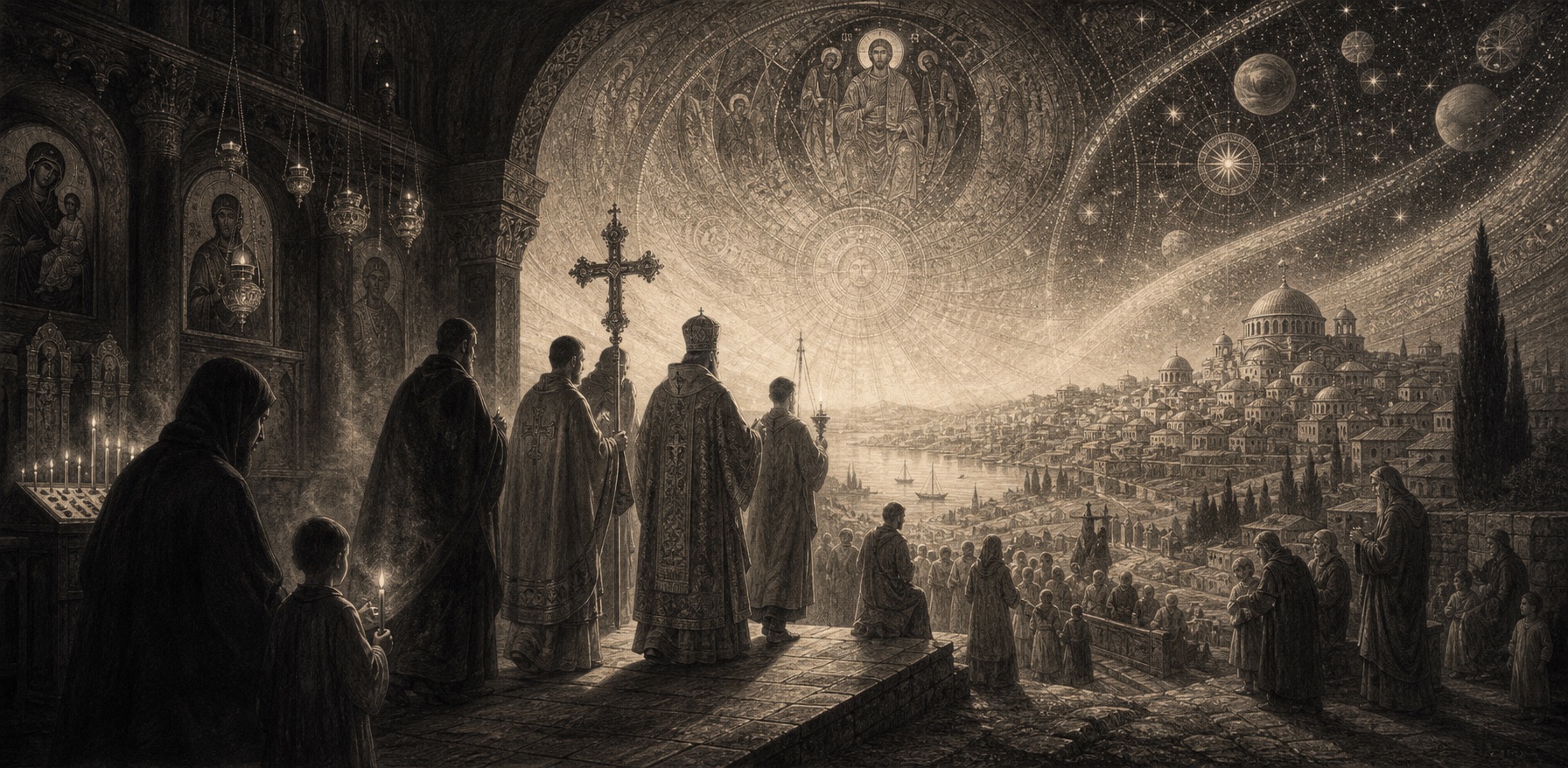 Una procesión ortodoxa monocroma original que avanza desde una iglesia hacia una ciudad luminosa y un cosmos ordenado.